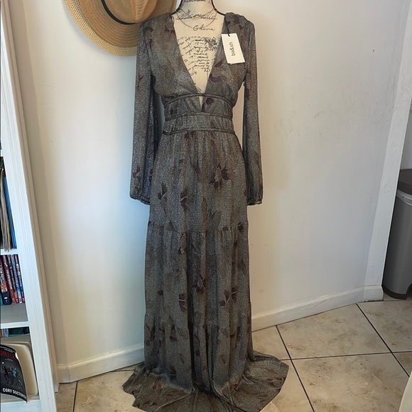 NWT Ba&Sh | Woman’s Elegant Floral Metallic Grey Maxi Dress Size 1 Small - Picture 3 of 16